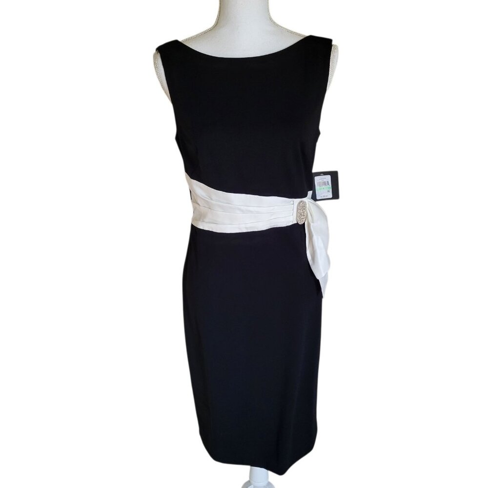 JH Evenings Dress Women's‎ 8 Black White Sleeveless Rhinestones Midi Classic NWT